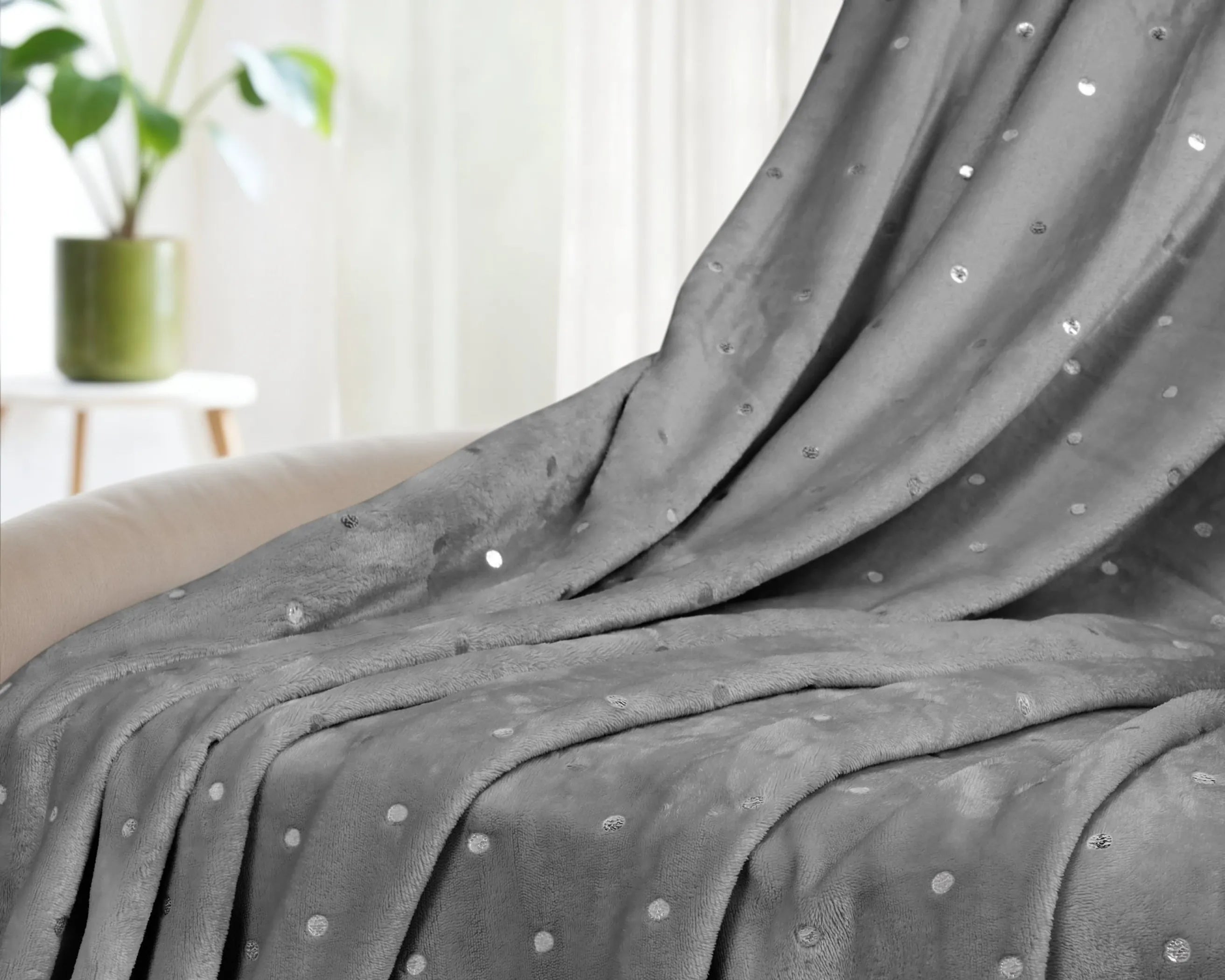 Queen Gray And Silver Fleece Woven Polka Dots Plush Blanket
